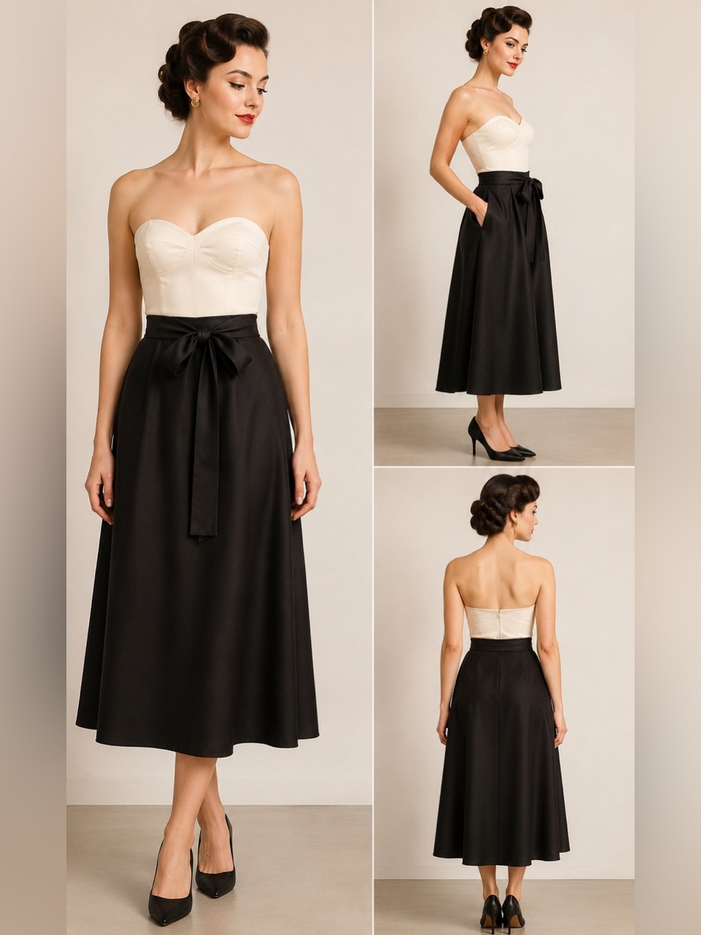 Vintage Size 12 Midi Black Skirt Tie Waist Glam Casual Career Church